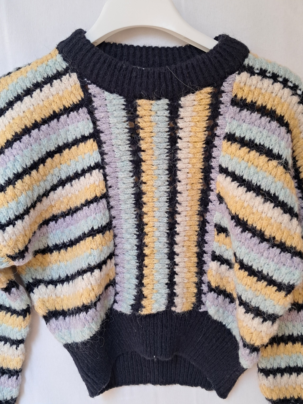 Zara ulti Color Striped Chunky Knit Cropped Sweater Crew Neck Pastel Black Boho - Picture 3 of 12